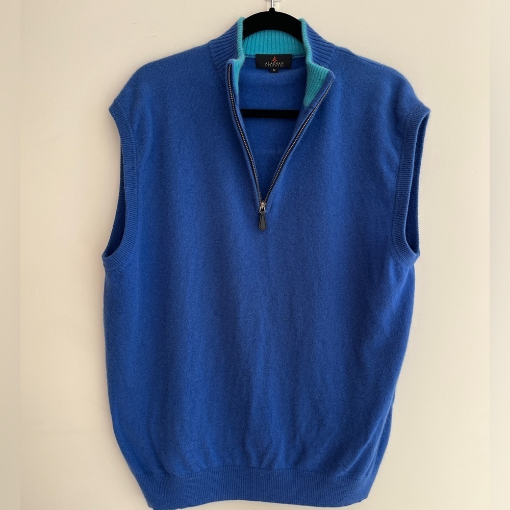 ALASHAN Quarter Zip 100% Cashmere Vest Blue Ribbed Hem Mock Neck Unisex Casual